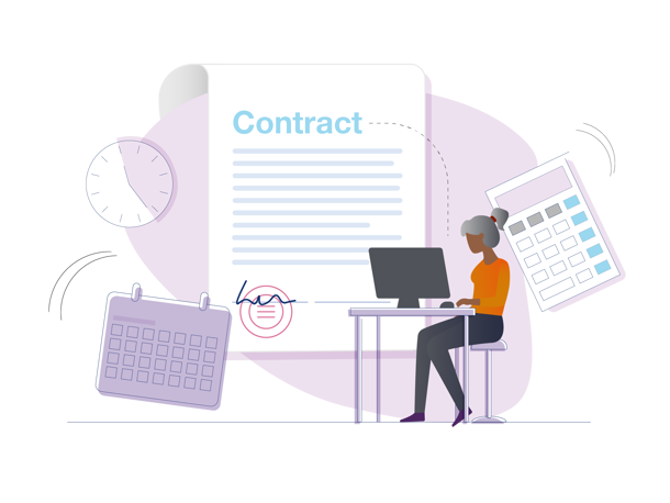 Illustration of a woman at a desk reading contract guidance