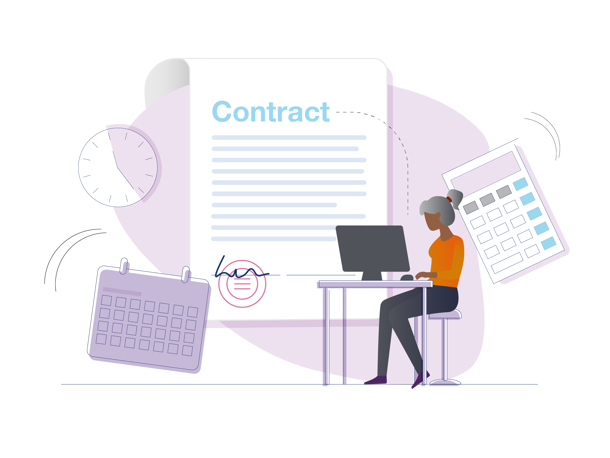 Illustration of a woman at a desk reading contract guidance