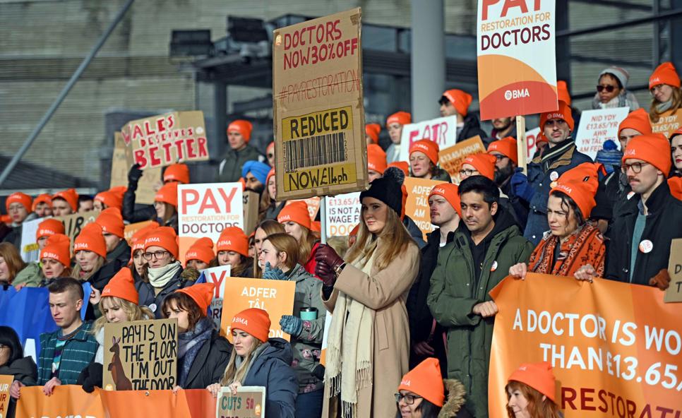 Junior doctors in Wales on the picket line with banners