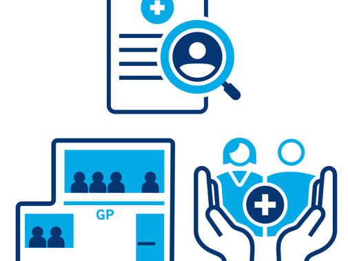 Illustration representing a contract, GP premises and two people co-operating