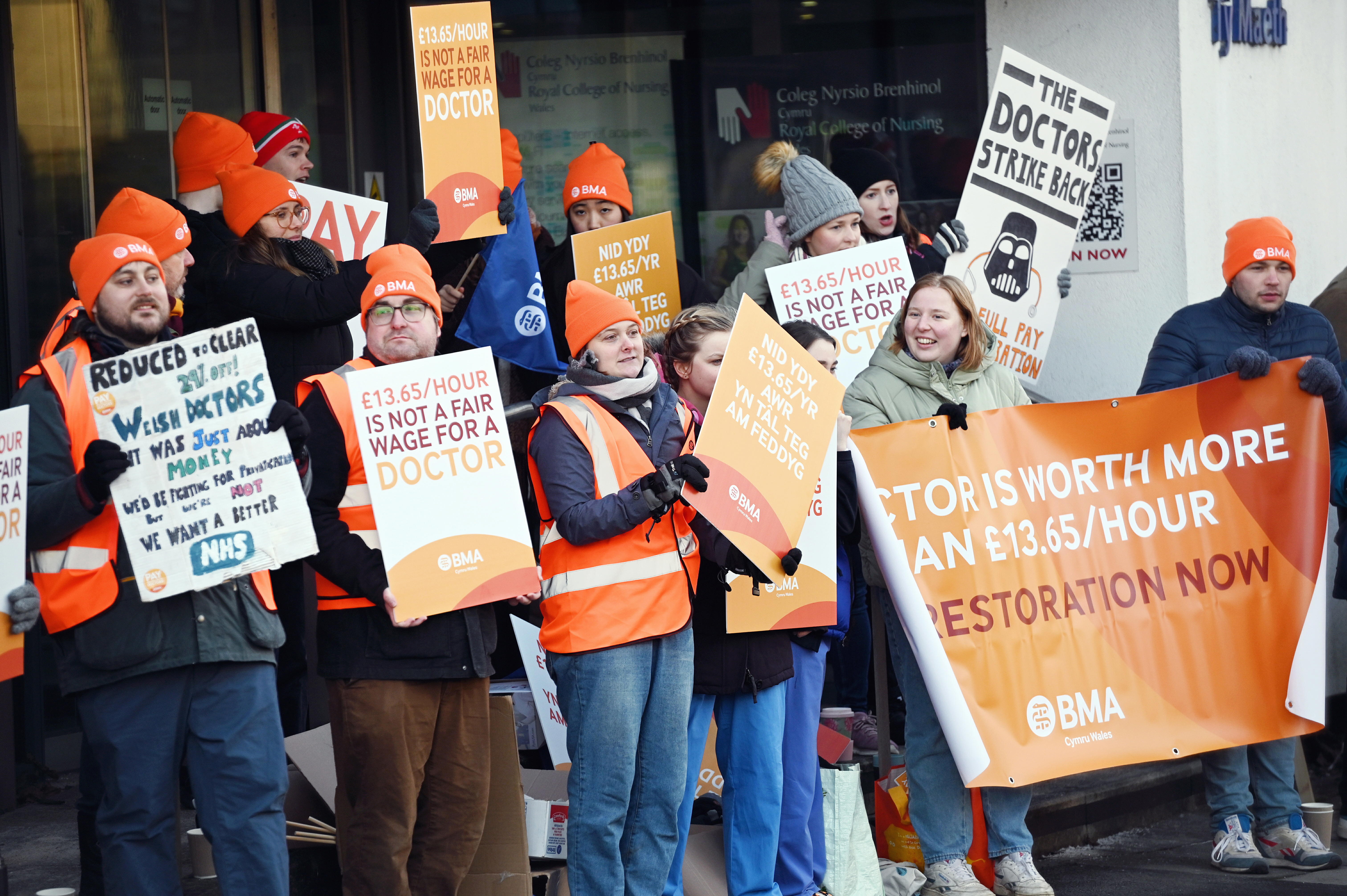 Junior doctors in Wales on the picket line with banners